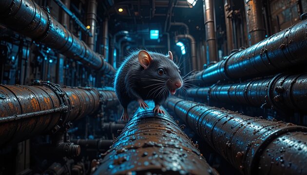 Rat navigating a network of industrial pipes, showcasing resilience and urban adaptation in a gritty, mechanical environment.