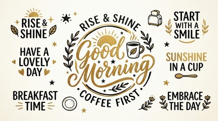 Obraz premium Good Morning, hand drawn lettering logo icon in trendy golden black colors. Vector phrases elements for kitchen, postcards, banners, posters, mug, scrapbooking, pillow case and other design.