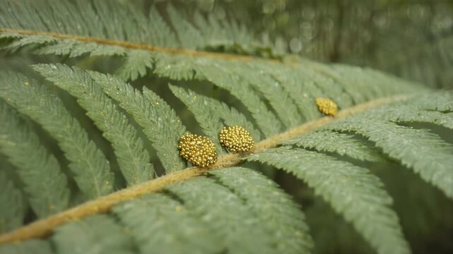Close-up of green fern leaves with golden spore clusters gradually shifting in focus, showcasing the intricate details of nature's growth and texture in a lush environment