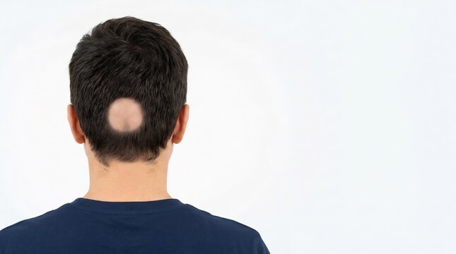 Back view of a person's head with a circular bald patch illustrating hair loss symptoms on white background