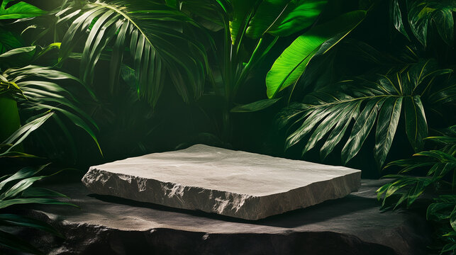 Textured Granite Plate with Lush Tropical Leaves and Natural Light Shadows