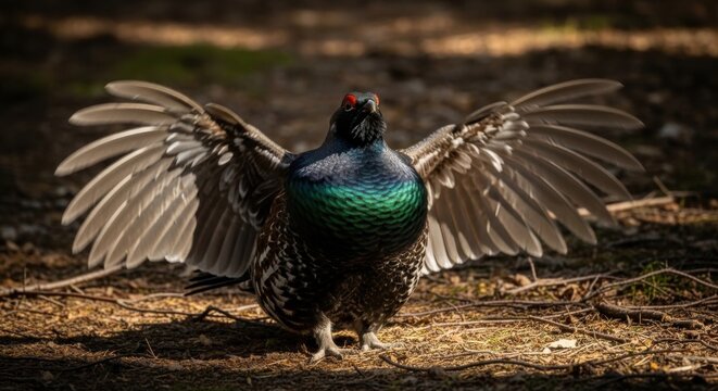 A beautiful western capercaillie displaying its wings on the forest floor ground