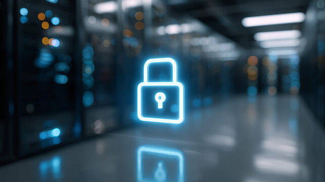 Glowing digital padlock icon in modern server room representing cybersecurity, encrypted data protection and secure network technology.