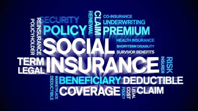 Social insurance animated word cloud-text design animation tag kinetic typography seamless loop.