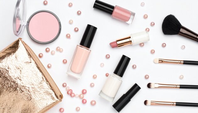 Luxury Beauty Essentials Flat Lay. Elegant makeup and skincare flat lay with gold cosmetic pouch, beauty products, soft lighting, and modern feminine aesthetic.