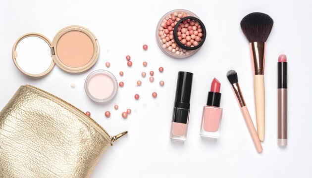 Luxury Beauty Essentials Flat Lay. Elegant makeup and skincare flat lay with gold cosmetic pouch, beauty products, soft lighting, and modern feminine aesthetic.