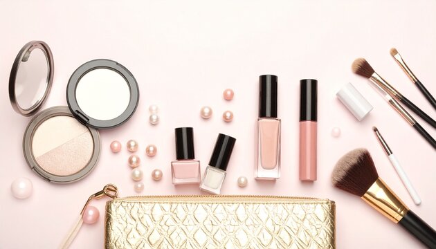 Luxury Beauty Essentials Flat Lay. Elegant makeup and skincare flat lay with gold cosmetic pouch, beauty products, soft lighting, and modern feminine aesthetic.