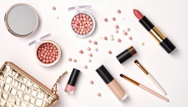 Luxury Beauty Essentials Flat Lay. Elegant makeup and skincare flat lay with gold cosmetic pouch, beauty products, soft lighting, and modern feminine aesthetic.