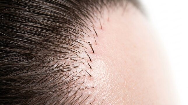 Close-up view of hair loss on a human scalp showing a bald patch and thinning dark hair