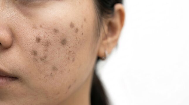 Close-up of adult face cheek showing post-inflammatory hyperpigmentation and dark brown skin spots