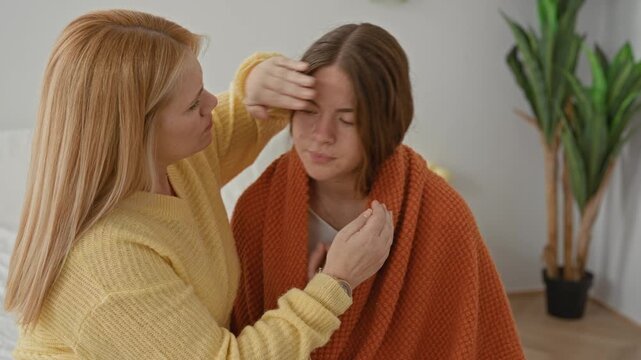 Woman touches daughter's forehead and wraps her in an orange blanket on a bedroom bed; maternal care comfort solace.