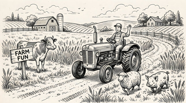 Old farm tractor pulling hay wagon in rural countryside 1920s
