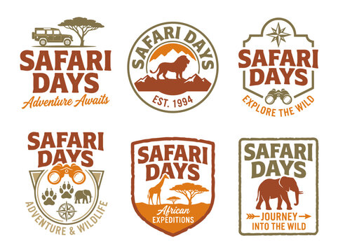 Safari Days typography logo collection, vintage adventure badge with binocular and track, khaki vector on white background