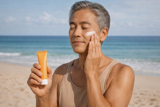 Applying sunscreen at sunny beach