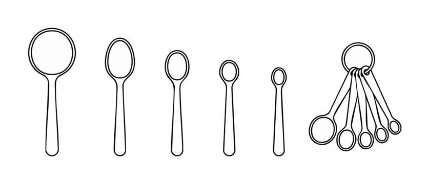 Measuring Spoons Set Line Icon, Kitchen Cooking Utensils Outline Graphic. Flat black vector illustration of diverse scoop sizes for baking and food preparation isolated on a clean white background des