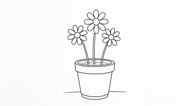 Black and white line art illustration of a daisy flower vase on a simple background