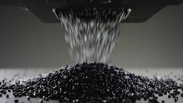 Black plastic granules pour from a machine nozzle onto a smooth surface, creating a mound of material in a well-lit industrial setting