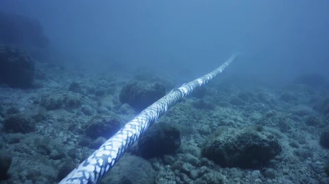 Long, slender underwater snake glides gracefully over rocky seabed, showcasing its patterned body in clear blue ocean water with coral formations nearby