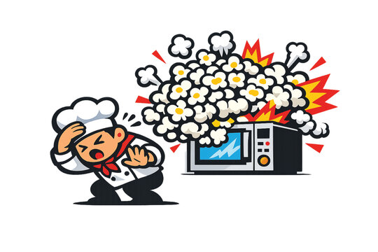 Chef shocked by microwave popcorn exploding in the kitchen Vector