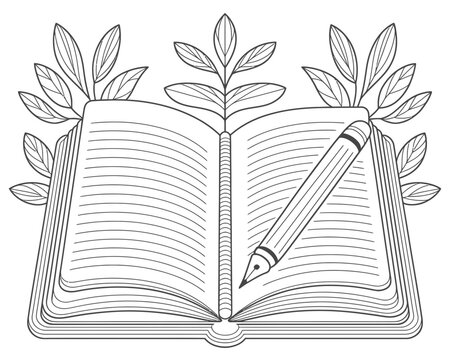 Coloring page of an open journal with pencil and leaves