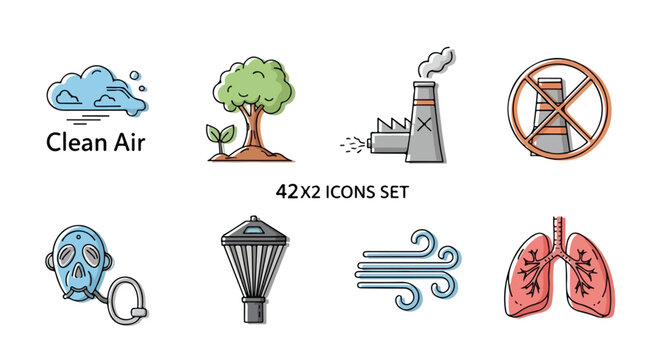 Environmental air quality icons set, 42x2 clean air and pollution vector symbols, ecology and respiratory health illustrations for sustainability infographics