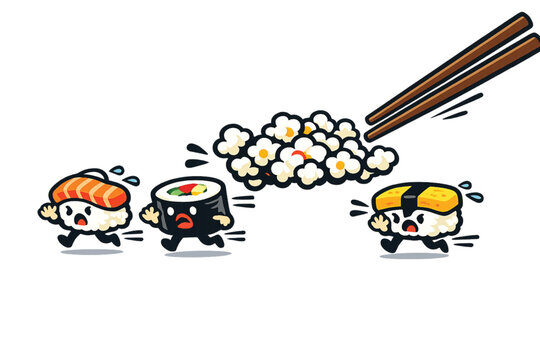 Funny sushi characters running away from chopsticks Vector