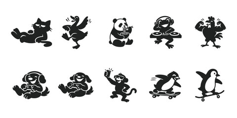 Obraz premium Funny Animal Silhouette Vector Set Collection Cartoon Mascot Bundle