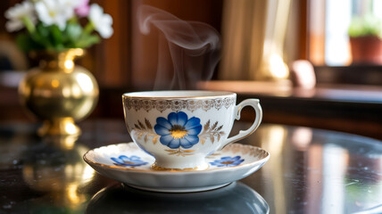 Fototapeta premium A close-up photograph of a teacup on a saucer with steam rising on a table indoors.