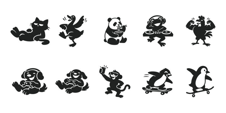 Funny Animal Silhouette Vector Set Collection Cartoon Mascot Bundle