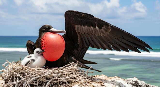 A great frigatebird with a red throat pouch nesting with chick
