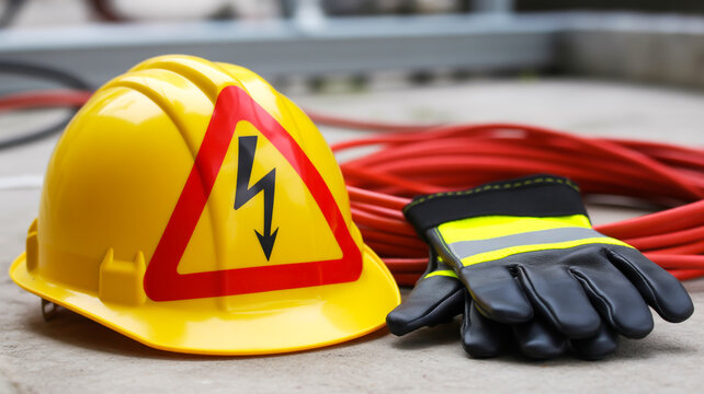 A close-up photograph of safety gear including a hard hat and gloves on a surface with electrical wiring