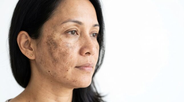 Close-up portrait of an adult woman with hyperpigmentation and melasma on her cheek against a white background
