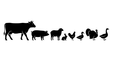 Farm animal silhouette set with cow pig sheep rabbit chicken duck turkey and goose vector © Md