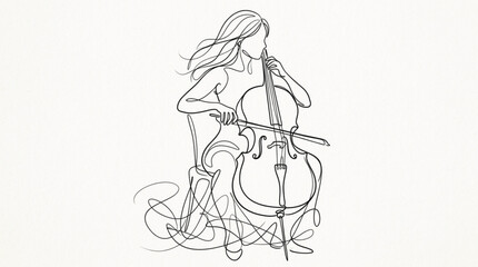 Woman playing cello vector illustration in black-and-white line art for music, classical performance, instruments, and artistic-themed icon collections © MdMokles