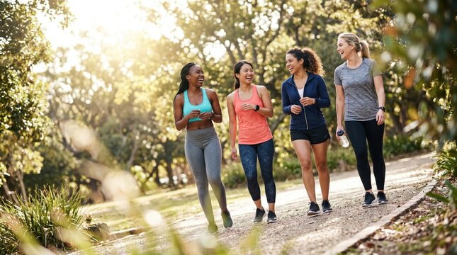 Four women walking and laughing outdoors on a sunny day