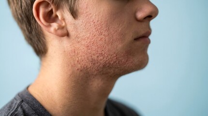Fototapeta premium Close-up profile of a young man with acne and skin inflammation on the cheek and jawline