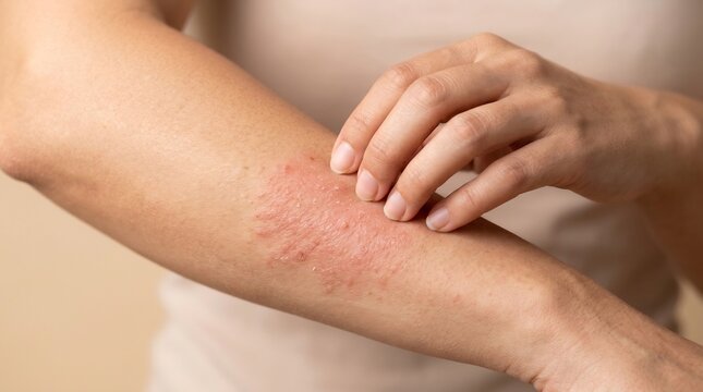 Close-up of a person scratching a red allergic skin rash on their forearm, depicting dermatological irritation and itching