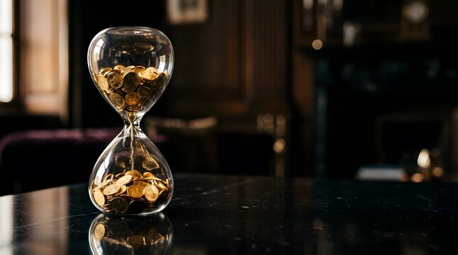 hourglass filled with gold coins representing time based wealth accumulation retirement savings and long term financial growth planning