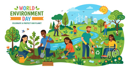 Fototapeta premium planting trees, environment care, sustainability, eco lifestyle, community activity, green earth, climate action, nature protection, teamwork, environmental awareness, save planet, people illustration