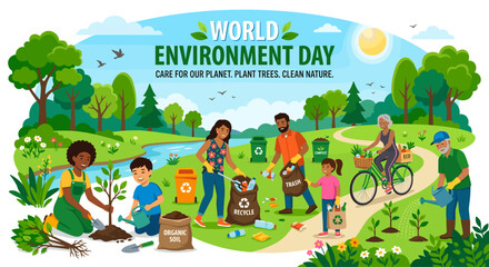 Naklejka premium planting trees, environment care, sustainability, eco lifestyle, community activity, green earth, climate action, nature protection, teamwork, environmental awareness, save planet, people illustration