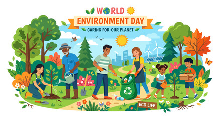 Fototapeta premium planting trees, environment care, sustainability, eco lifestyle, community activity, green earth, climate action, nature protection, teamwork, environmental awareness, save planet, people illustration