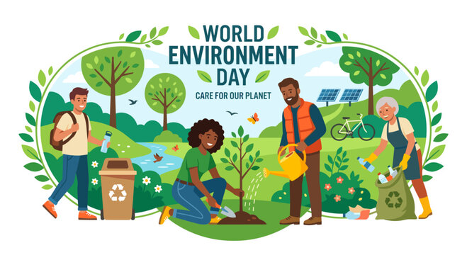 planting trees, environment care, sustainability, eco lifestyle, community activity, green earth, climate action, nature protection, teamwork, environmental awareness, save planet, people illustration