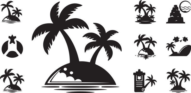 Tropical Island Silhouette with Palm Trees and Symbols