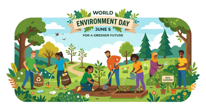planting trees, environment care, sustainability, eco lifestyle, community activity, green earth, climate action, nature protection, teamwork, environmental awareness, save planet, people illustration