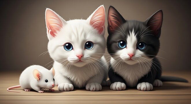 Two cute kittens and a white mouse on a wooden surface