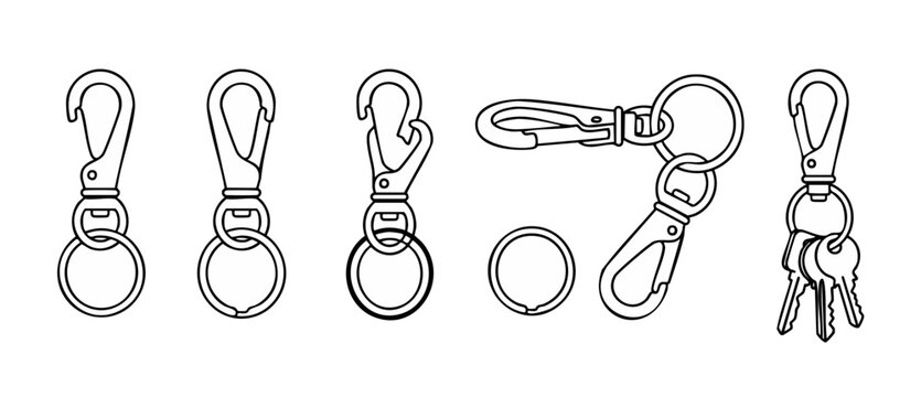 Lobster Claw Clasps Keychains Set - Metal Swivel Snap Hooks with Key Rings for Jewelry Making, Crafting, and Hardware Accessories, Minimalist Black Line Art Collection Isolated on White Background Vec