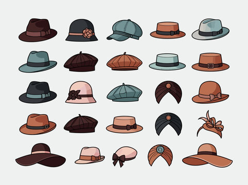 Vintage Hat Collection Vector Illustration - Set of 25 Classic Headwear Icons including Fedora, Beret, Turban and Cloche Styles