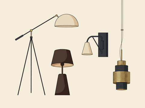 Modern Interior Lighting Set: Minimalist Floor Lamp, Table Lamp, Wall Sconce, and Industrial Pendant Light Vector Illustration