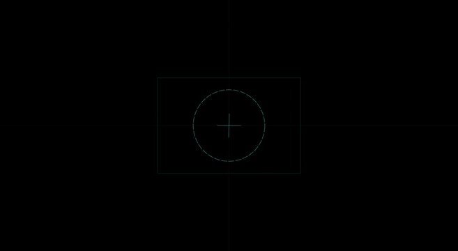 Minimalist camera viewfinder overlay, digital recording screen interface with crosshair, thin white line technical hud on black background