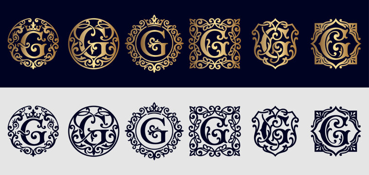 Elegant monogram G vintage ornate frames and borders set gold color.